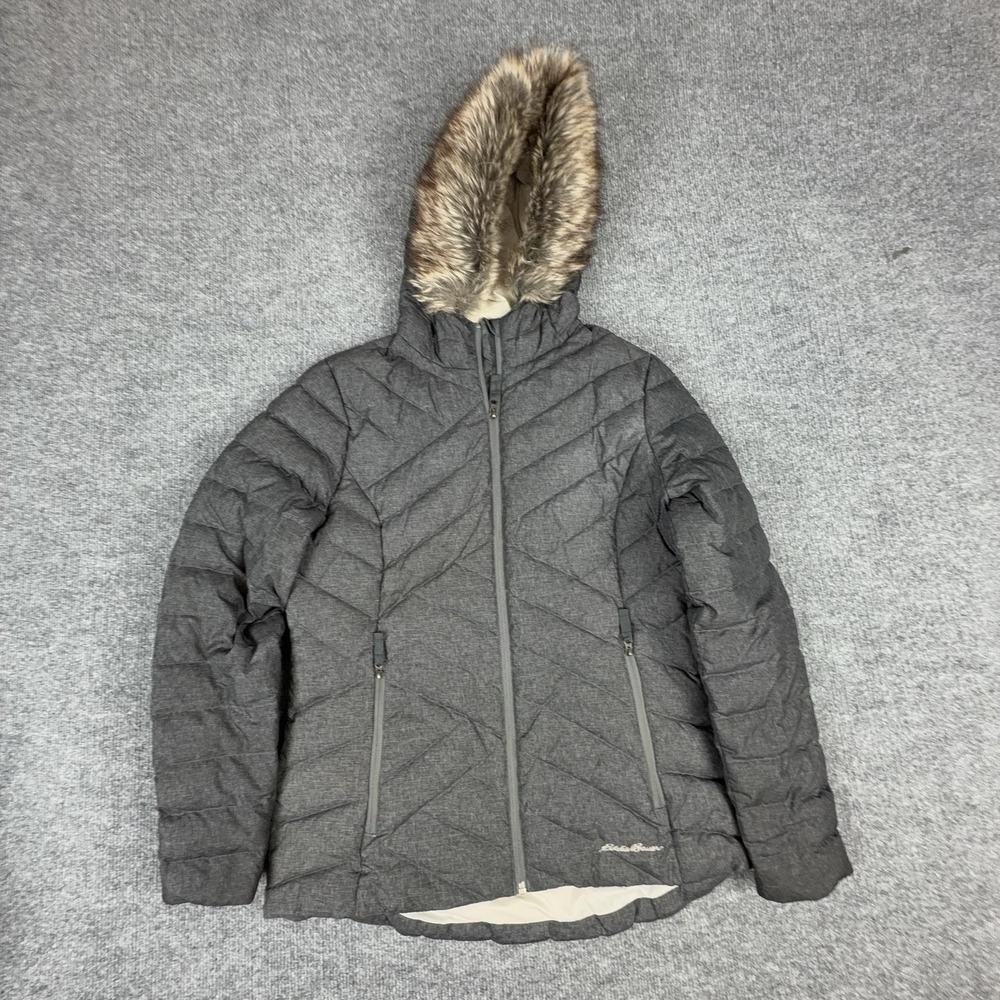 Eddie Bauer Jacket Womens Medium Gray Hooded Down Puffer Quilted Faux Fur Zip